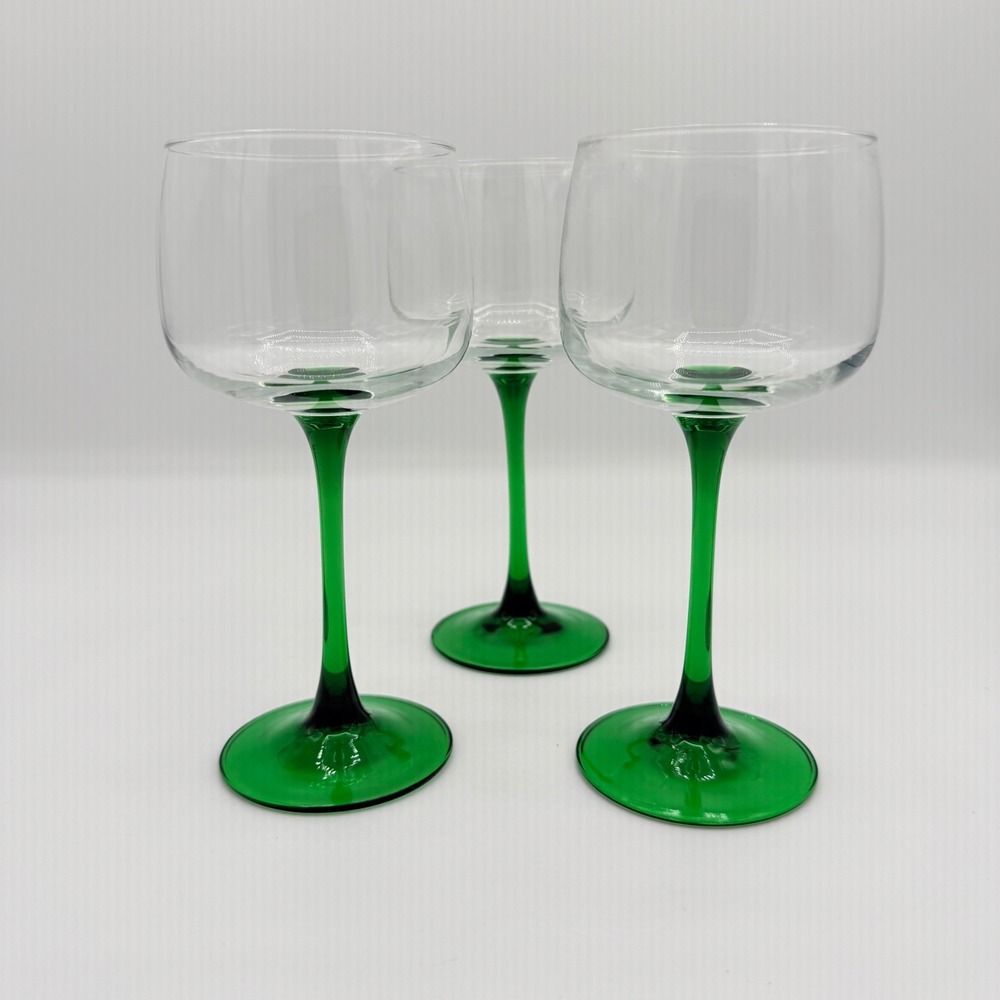 Vintage 1980s Luminarc France Emerald Green Alsace Stem Wine Glasses Set of 3